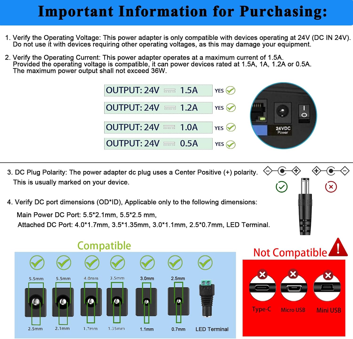 TKDY 24V 1.5A DC Power Supply Cord, fit for DC 24V 1.5A 1A 0.5A LED Light Strip, 24 Volt Light Diffuser, and More, 100-240V 50/60hz 36W 24W Power Adapter with 5 Tips (Not for Charging).